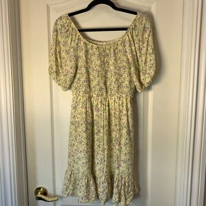 Lovely Melody Cottagecore Floral Smocked Prairie Dress Yellow Rayon M
